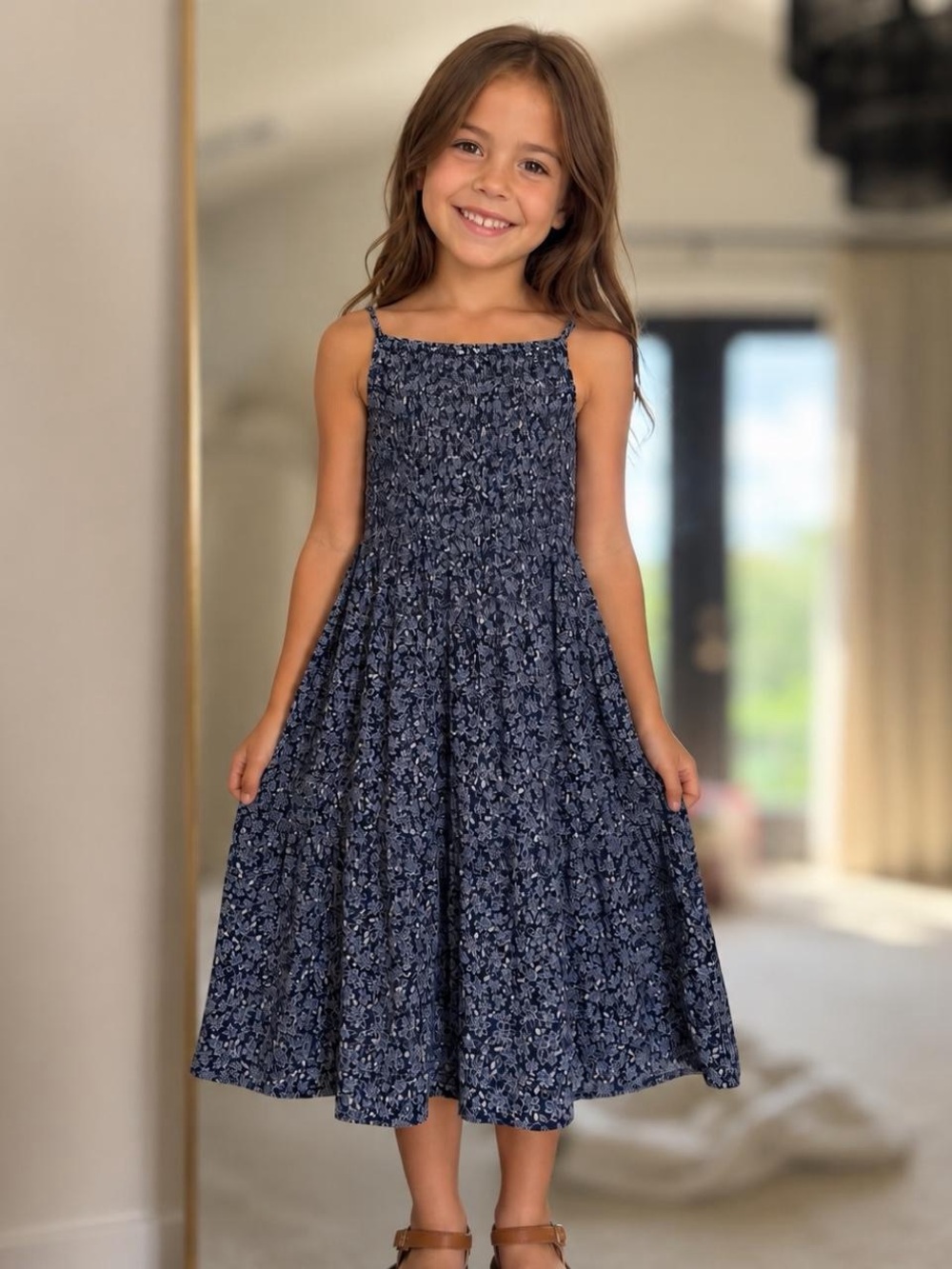 Copper Key Girls Navy Floral Smocked Sundress Small